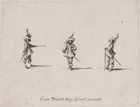 KG 10678
<br/>
Drie soldaten met stok ("Militaire oefeningen")
<br/>
<em>Callot, Jacques (1592 - 1635)</em>